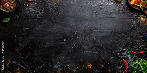 Chili pepper on a black background with spices on a slate plate. Top view with copy space. Restaurant banner, flyer, advertising, wallpaper. 
