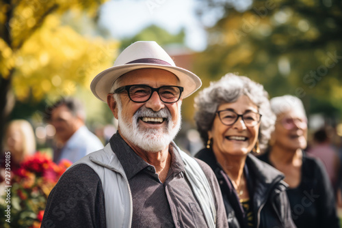 A group of seniors gathers in a park for a photography club meetup, capturing the beauty of nature and cityscapes, symbolizing the artistic and observational pursuits in retirement.  Generative Ai.