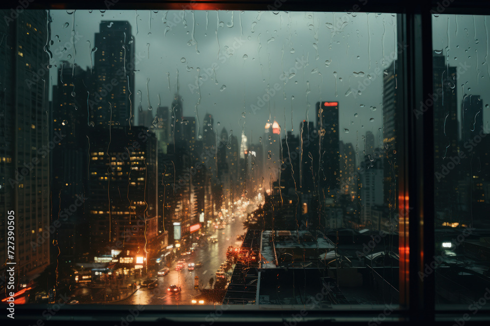 A rain-soaked cityscape glistens through the window, offering a cinematic view of urban life seen through the prism of water-slicked glass. Concept of rainy urban enchantment. Generative Ai.