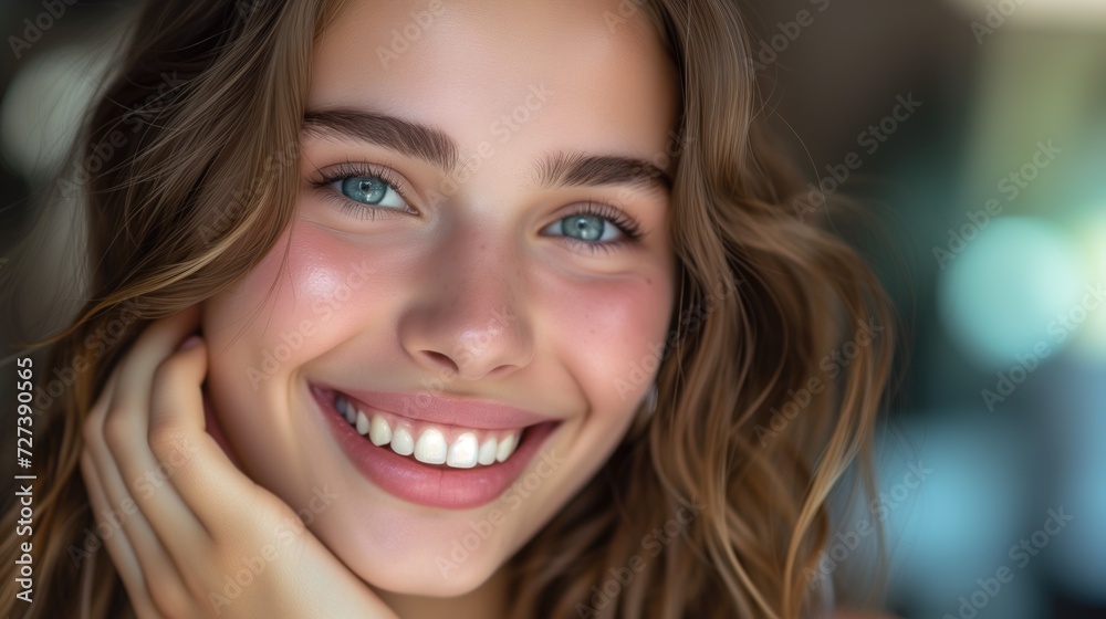 Beautiful close up face of cheerful caucasion girly young woman with perfect youth skin with healthy toothy smile looking at camera Beautiful close up face of cheerful caucasion girly young woman with perfect youth skin with healthy toothy smile looking at camera