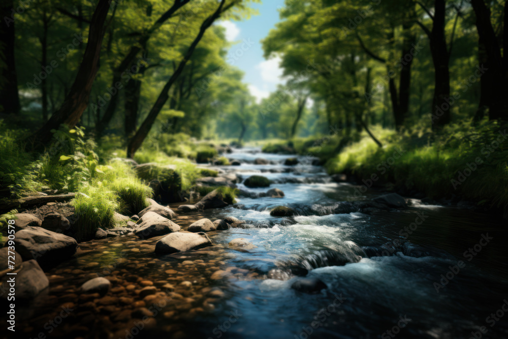 A crystal-clear stream winds its way through a lush forest, revealing the purity of water as it flows over smooth stones and glassy surfaces. Concept of pristine natural waterways. Generative Ai. A crystal-clear stream winds its way through a lush forest, revealing the purity of water as it flows over smooth stones and glassy surfaces. Concept of pristine natural waterways. Generative Ai.