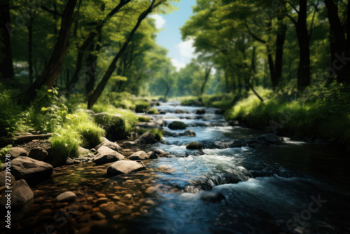 A crystal-clear stream winds its way through a lush forest  revealing the purity of water as it flows over smooth stones and glassy surfaces. Concept of pristine natural waterways. Generative Ai.