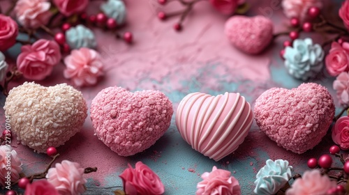 A photo capturing a close up view of four heart shaped candies, perfect for Valentines Day.