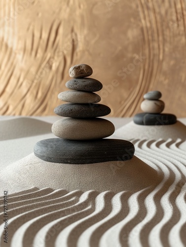 A serene and simplistic scene of nature s balance  with a stack of rocks resting atop the soft grains of sand.