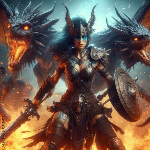 Nice portrait of young woman warrior with swords and dragon on background created using artificial intelligence
