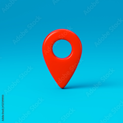 volumetric realistic red model of a geographic marker or geographic position on a blue background. Symbol, sign or mark. 3d render