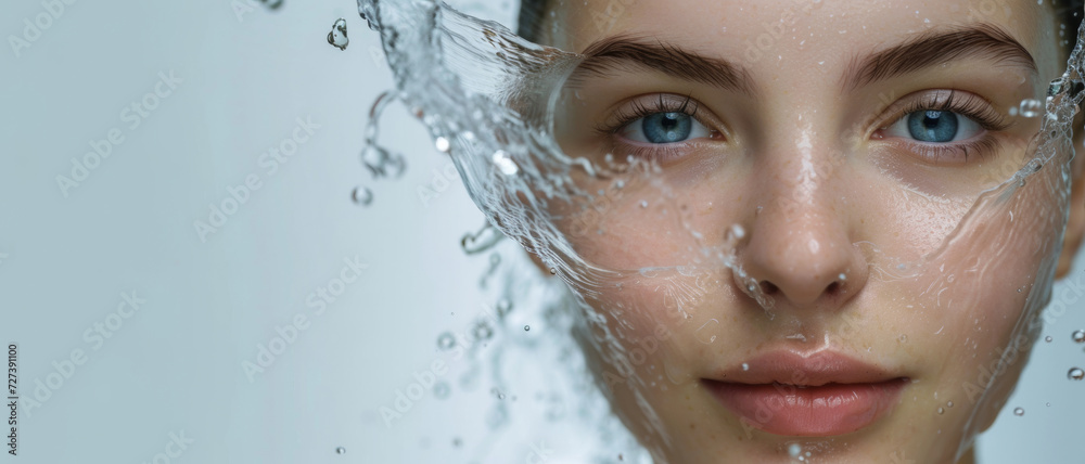 Serene beauty captured with water splashing around a young woman's face, highlighting purity and refreshment