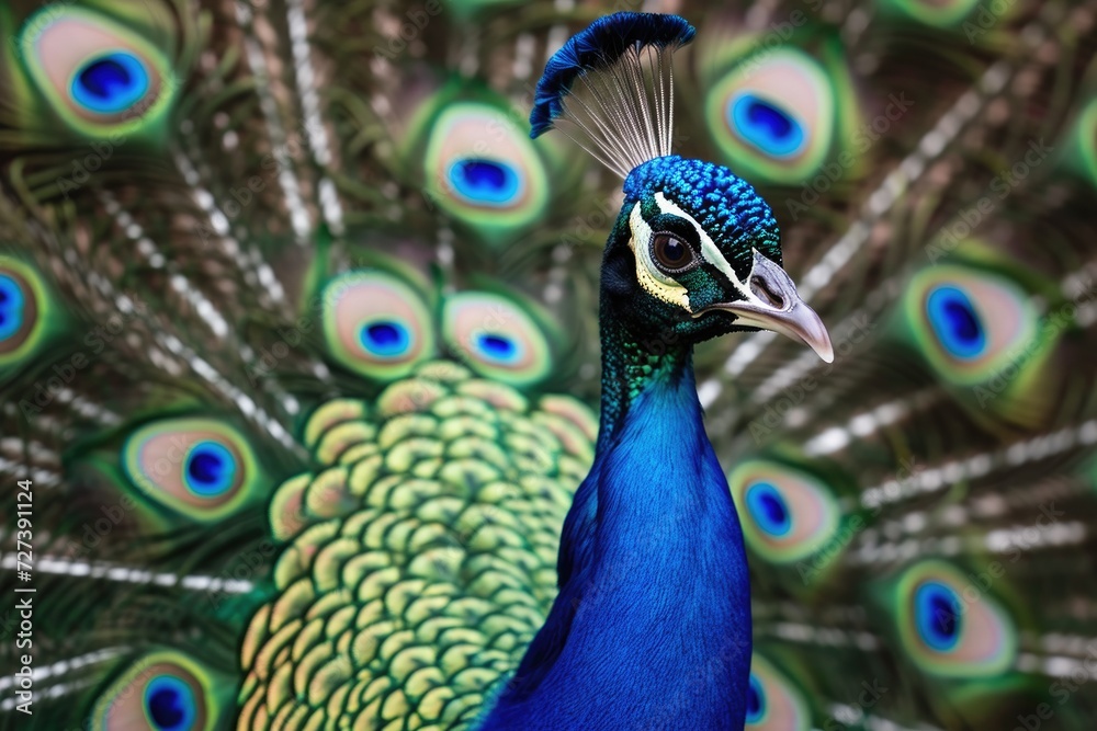Obraz premium A stunning close-up of a peacock displaying its vividly colored feathers in full bloom, A vibrant peacock displaying its beautiful feathers, AI Generated
