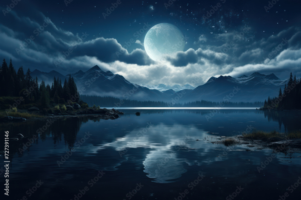 The soft glow of a moonlit night bathes a tranquil lake, creating a serene reflection that mirrors the celestial beauty above. Concept of lunar serenity. Generative Ai.