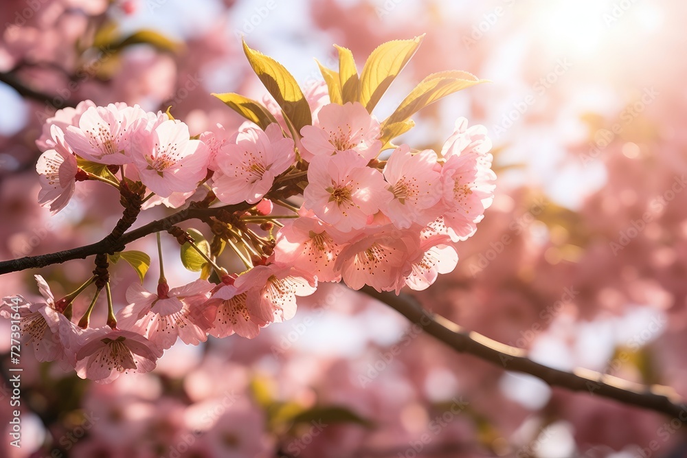 Close Up of a Tree With Pink Flowers, Spring blossoms and cherry tree branches adorned with pink sakura flowers, with sunbeams filtering through, AI Generated