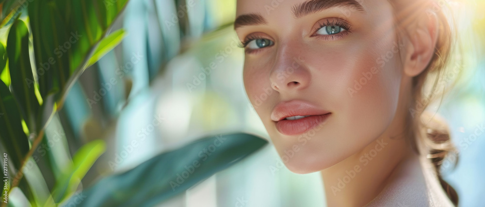 Beauty in nature: A woman's serene face merges with the lush greenery, evoking natural beauty. Beauty in nature: A woman's serene face merges with the lush greenery, evoking natural beauty.