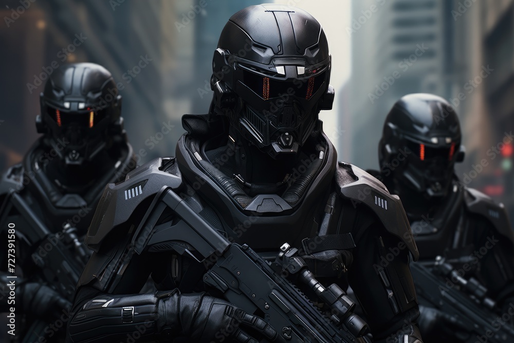 Group of People Wearing Helmets and Holding Guns, Stealth Guardians, Elite troops equipped with high-tech face masks and advanced stealth gear, AI Generated