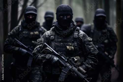 Group of Men in Military Gear Walking, Stealthy Shadows, Elite soldiers in camouflage uniforms and face masks, seamlessly blending into their surroundings for covert operations, AI Generated