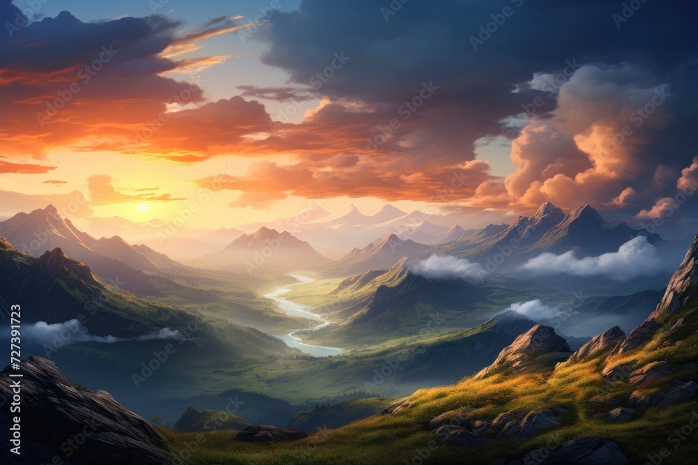 A vibrant painting capturing the serene beauty of a sunset illuminating the peaks of a majestic mountain range, Sunrise on a mountain landscape view with clouds, AI Generated