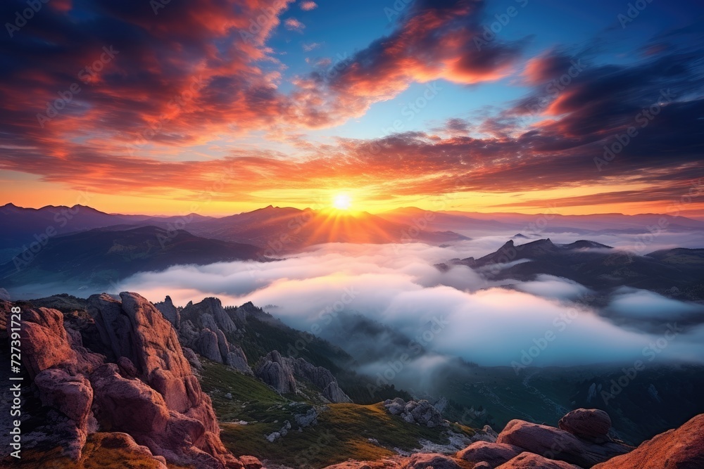 The Sun Sets Over a Majestic Mountain Range in a Breathtaking Scene of Natural Beauty, Sunrise on a mountain landscape view with clouds, AI Generated