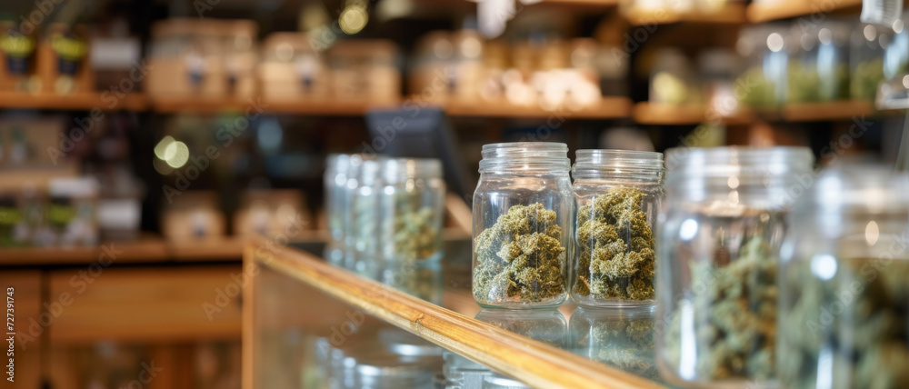 Jars of cannabis on display hint at the complexity of legal, medicinal, and retail aspects in a modern dispensary.