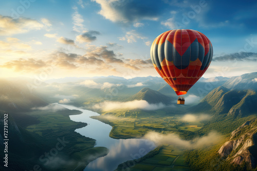 A hot air balloon rises above a mist-covered valley, providing passengers with an awe-inspiring view that elicits a sense of wonder at the world below.  Generative Ai. photo