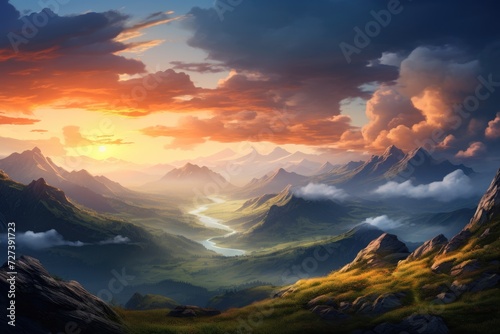 A vibrant painting capturing the serene beauty of a sunset illuminating the peaks of a majestic mountain range, Sunrise on a mountain landscape view with clouds, AI Generated