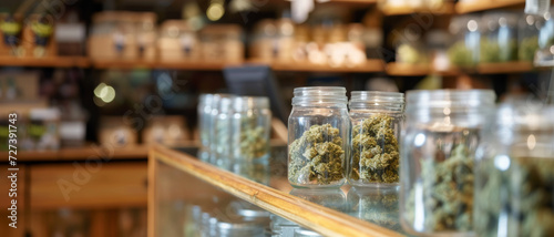 Jars of cannabis on display hint at the complexity of legal, medicinal, and retail aspects in a modern dispensary. photo