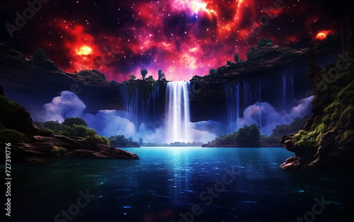 Galactic Reflections  Fantasy Waterfall and Celestial Lake with Stars