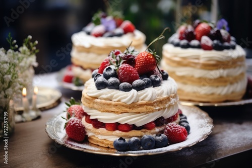 A mouthwatering cake on a plate, in a close-up shot that showcases its delicious details, Sweet tasty cakes with berries and cream on a dessert table at a wedding party, AI Generated
