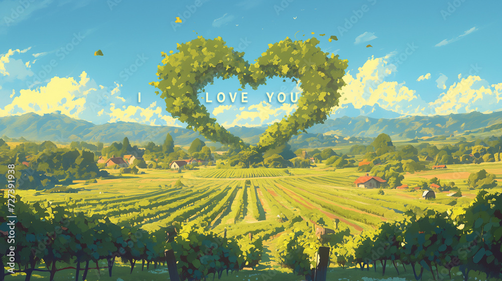 Scenic Vineyard Landscape with Heart-Shaped Clouds