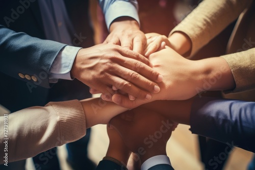 Group of People Putting Their Hands Together, Team members putting their hands together in a close-up shot, top view, with no visible faces, AI Generated