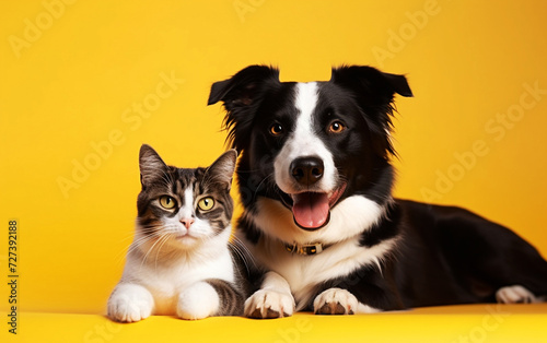 Joyful Companions: High Detail Grey Striped Tabby Cat and Border Collie Dog on Yellow Background
