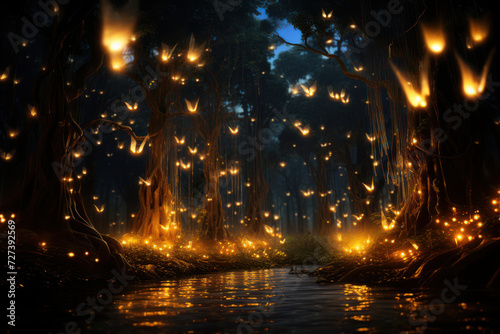 A trail of fireflies creates a mesmerizing dance of light in the evening, instilling wonder at the natural beauty and enchantment that unfolds under the night sky. Generative Ai.