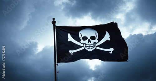 Pirate flag with skull and bones waving in the wind, background, dark mysterious hacker and robber concept