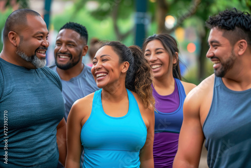 Diverse group of fictional people laughing during an outdoor workout. Concept of fitness, healthy lifestyle, diversity, teamwork, unity, self-love and the motion trend Get Moving.