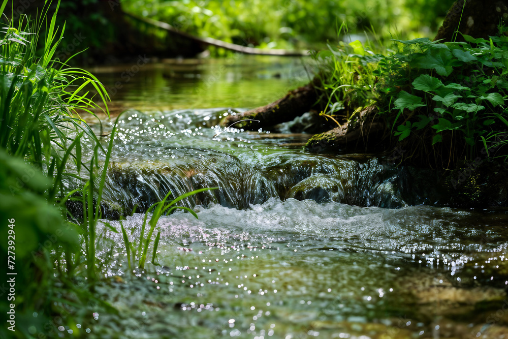 Forest Stream in Sunlight. Generative AI Illustration Forest Stream in Sunlight. Generative AI Illustration