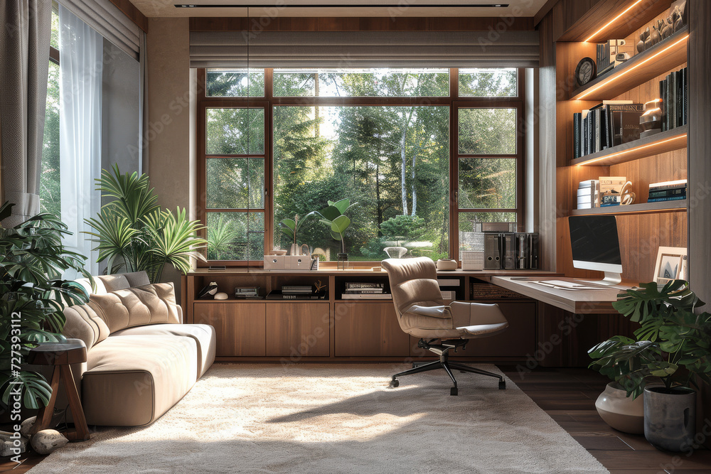 Fototapeta premium A home office with a comfortable reading nook, combining work with relaxation and leisure. Concept of multifunctional and comfortable home workspaces. Generative Ai.