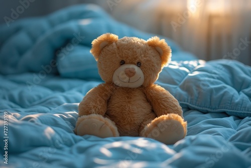 A beloved teddy bear rests peacefully on a bed adorned with soft linens, its plush fabric and brown fur comforting reminders of childhood joy and innocence