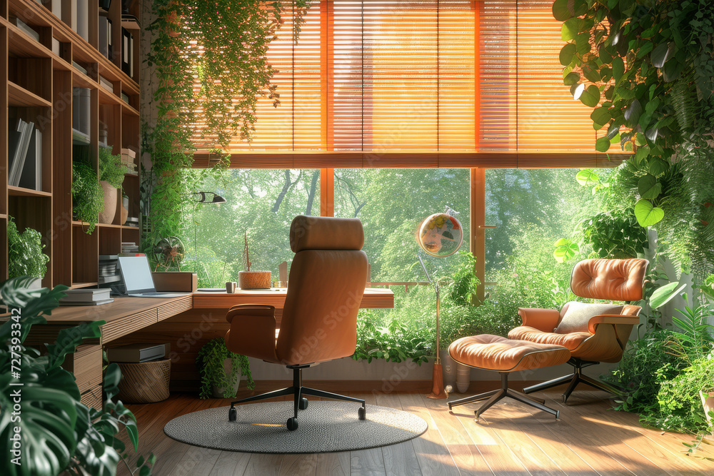 An eco-friendly home office with sustainable furniture and recycled materials, embodying environmental consciousness. Concept of sustainability in home office design. Generative Ai.