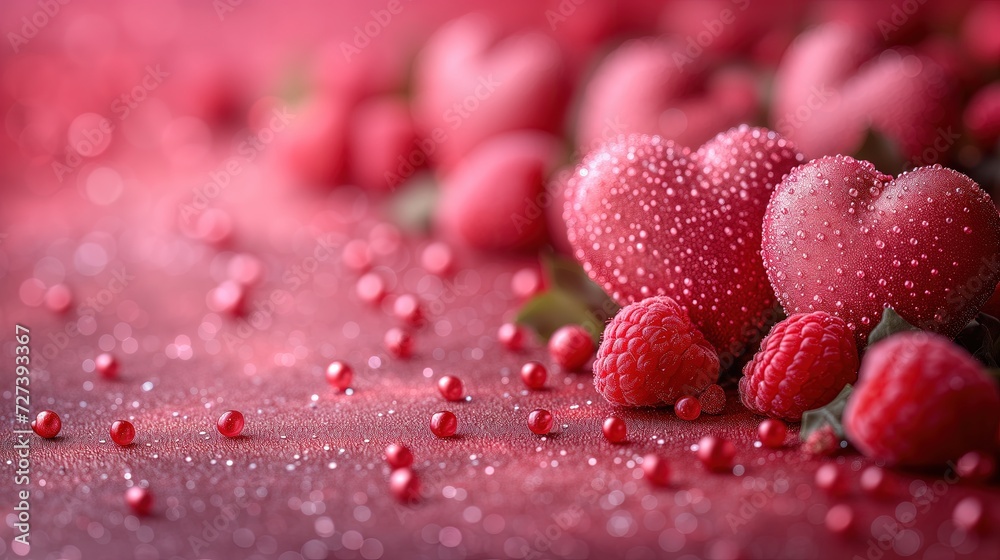 A vibrant display of raspberries and raspberries laid out on a pink background, perfect for a sweet and romantic Valentines Day treat. A vibrant display of raspberries and raspberries laid out on a pink background, perfect for a sweet and romantic Valentines Day treat.