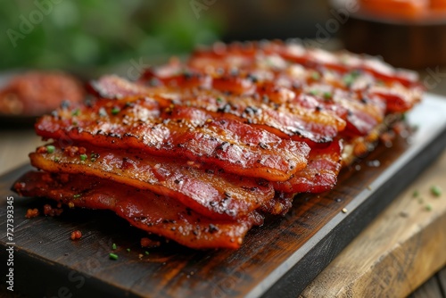 Indulge in the smoky aroma and rich flavors of succulent pork spare ribs, perfectly grilled and served on a rustic wooden board alongside a decadent stack of crispy bacon, a mouthwatering delicacy fo