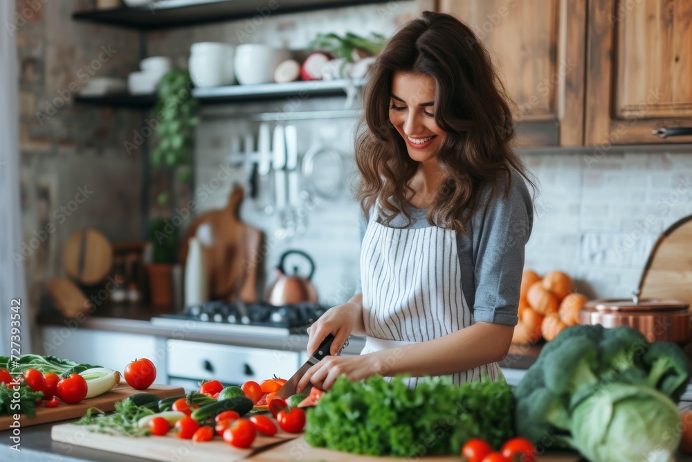 In a bright kitchen, a cheerful brunette woman is captured in a moment of joy while skillfully cutting vibrant vegetables, adding a lively and positive atmosphere to the culinary scene