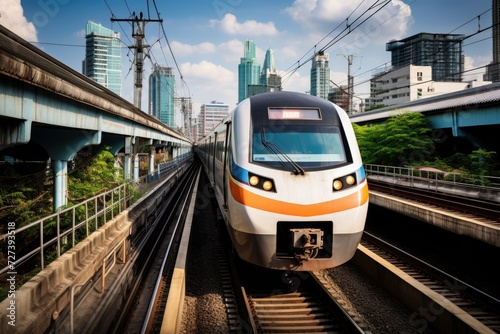 A train effortlessly navigates its way through a bustling train station surrounded by towering city skyscrapers, The high-speed train in Bangkok, Thailand, races through the city, AI Generated