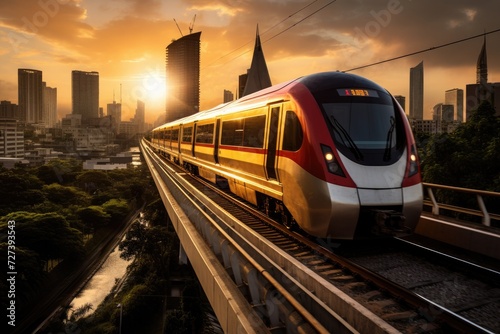 A red and white train makes its way through the busy streets of a lively city, The high-speed train in Bangkok, Thailand, races through the city, AI Generated