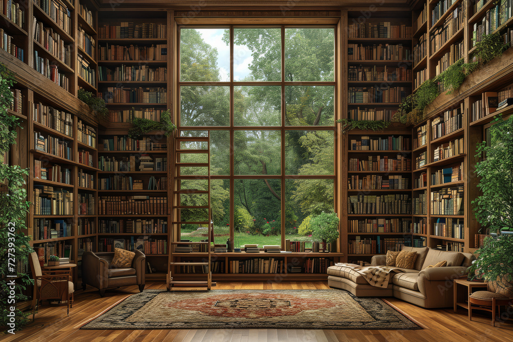A home office with a library ladder and floor-to-ceiling bookshelves, creating a scholarly and resourceful ambiance. Concept of intellectual and grand home workspaces. Generative Ai. - obrazy, fototapety, plakaty 