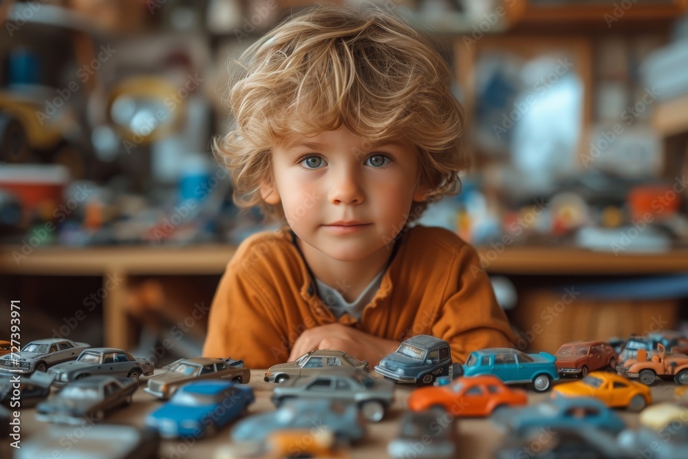 A young boy, dressed in casual clothing, sits intently at an indoor table with a collection of toy cars, his face filled with curiosity and joy