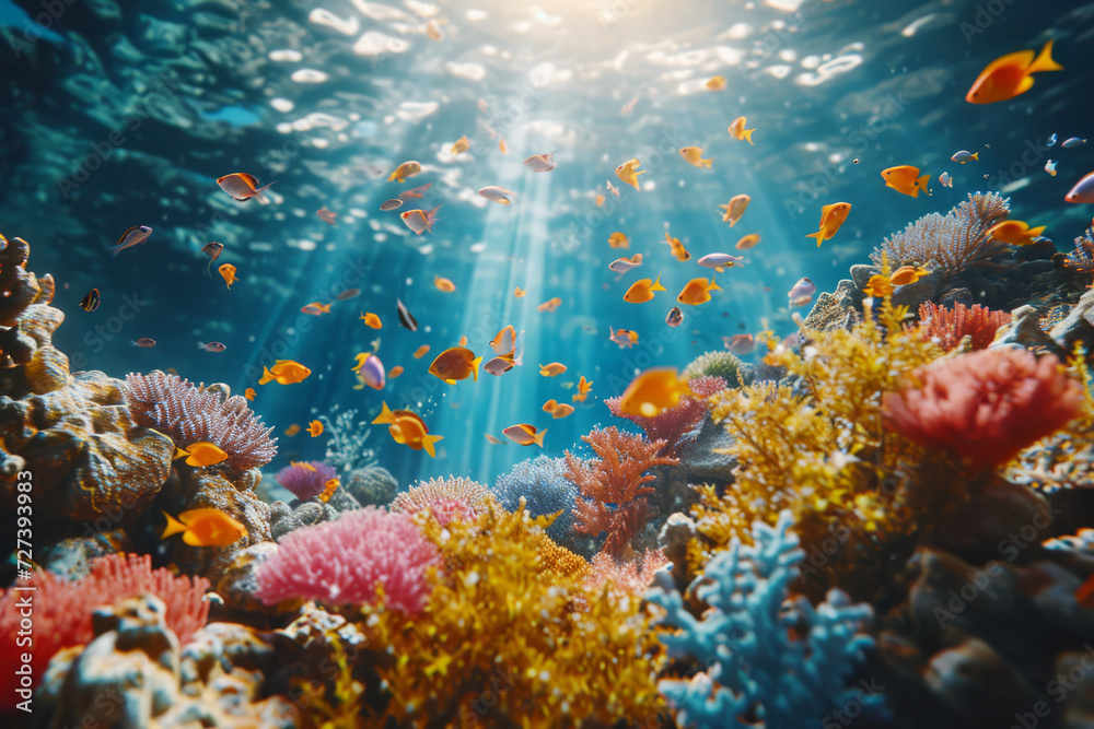 An underwater video of coral reefs teeming with colorful marine life, showcasing ocean biodiversity. Concept of exploring underwater ecosystems. Generative Ai. An underwater video of coral reefs teeming with colorful marine life, showcasing ocean biodiversity. Concept of exploring underwater ecosystems. Generative Ai.