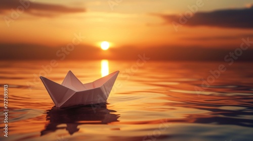 A paper toy boat floating in the water against a sunset backdrop
