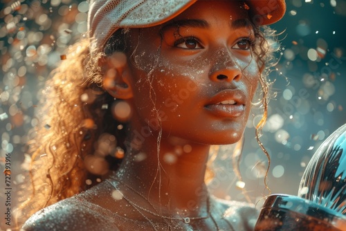 Captivating and carefree, a woman's face adorned with sparkling glitter reflects the joy and playfulness of a summer day spent blowing bubbles by the water