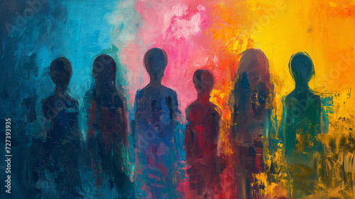 young kids standing shoulder to shoulder, gen z youth abstract painting photo