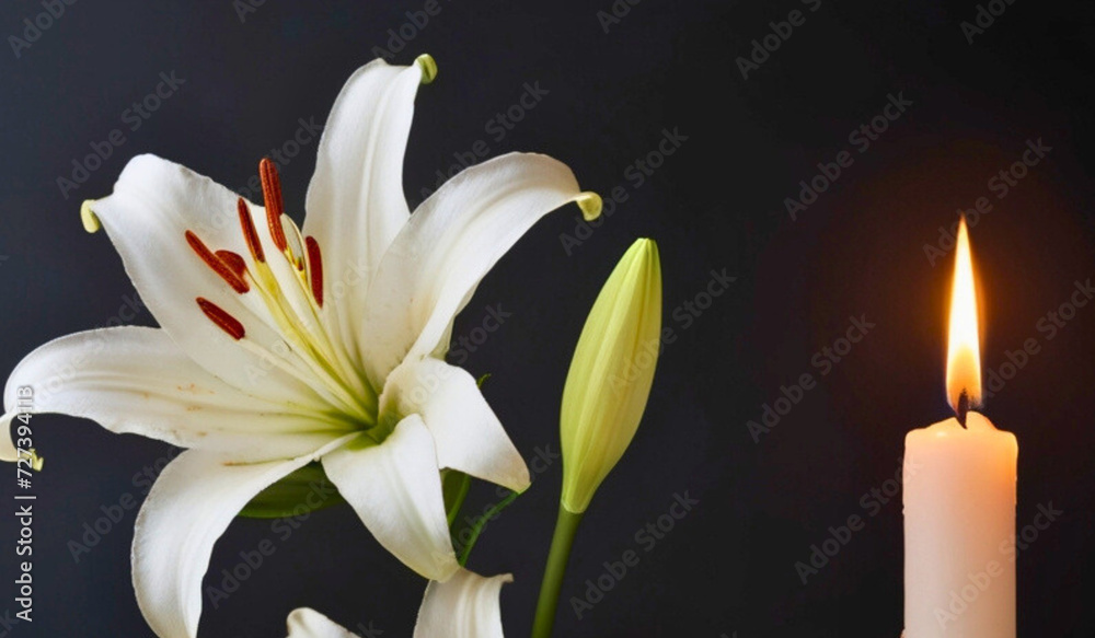 Obraz premium condolence card white lily and candle on black background