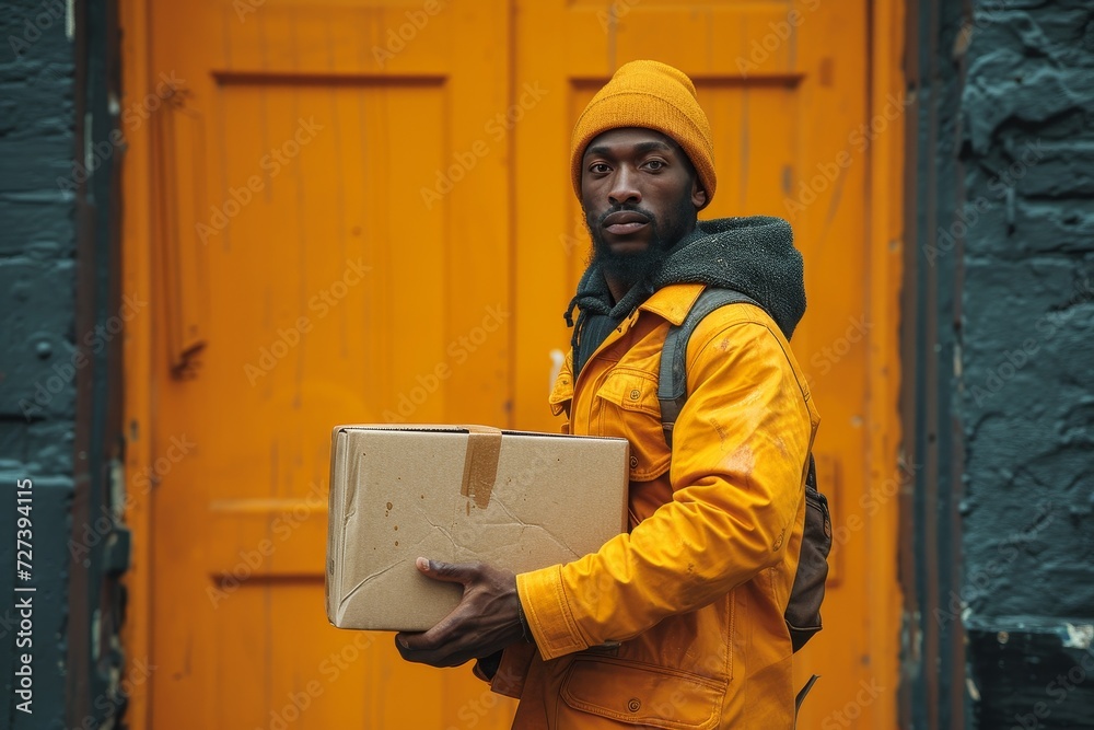 A stylish man confidently showcases his yellow jacket while carrying a box on the busy city streets, exuding a sense of fashion and purpose