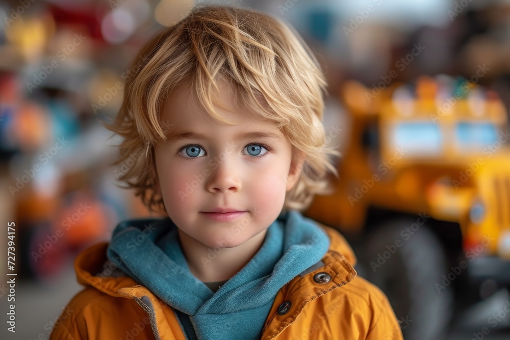 A young girl with piercing blue eyes stands confidently outdoors, her yellow jacket adding a playful pop of color to her otherwise serious portrait A young girl with piercing blue eyes stands confidently outdoors, her yellow jacket adding a playful pop of color to her otherwise serious portrait