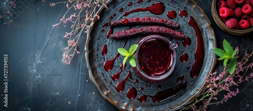 Top view of delicious Halloween witch finger cookies served with raspberry sauce. photo
